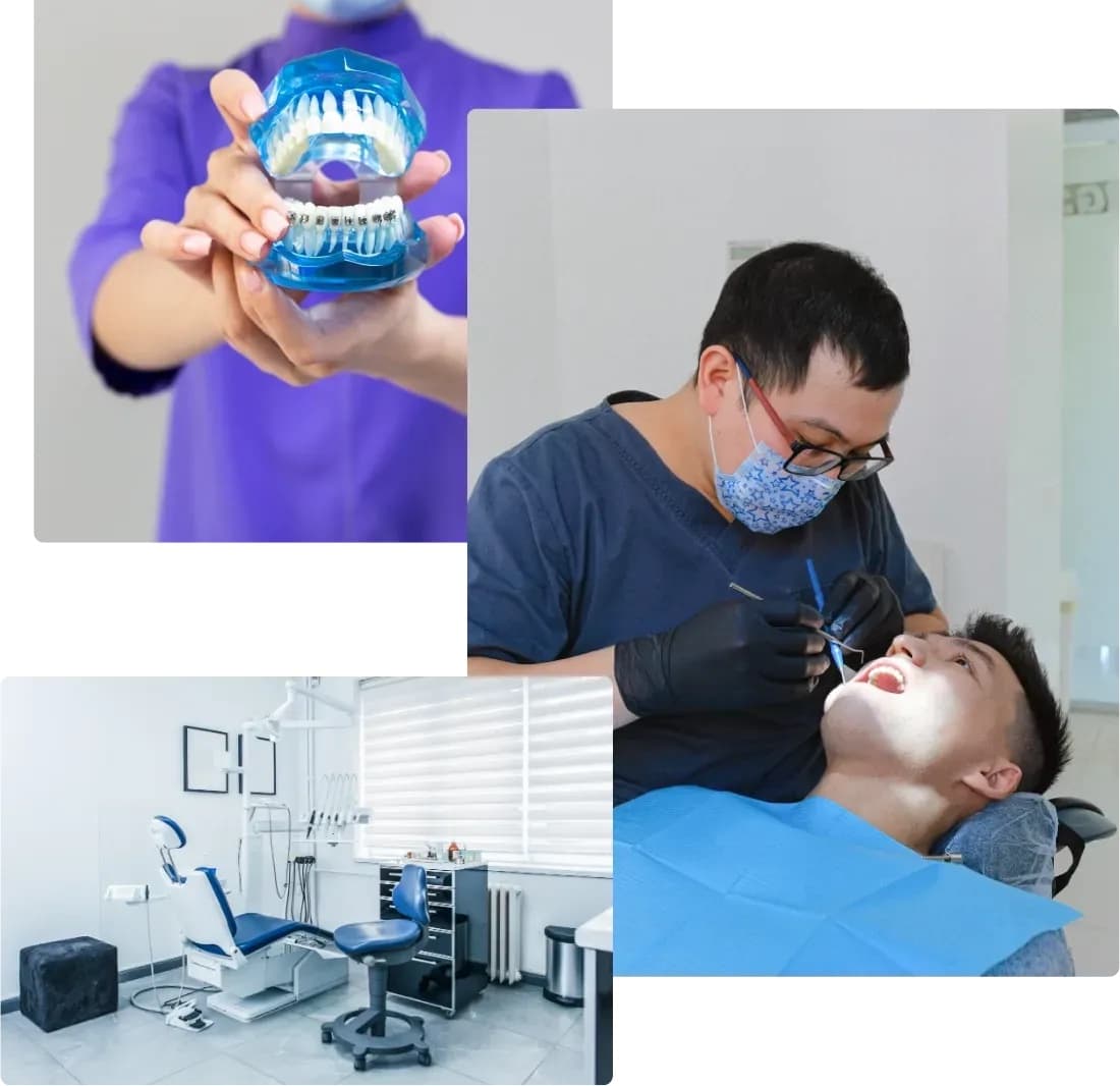 Collage de la clínica Sonrisalud: atención a paciente, modelo de ortodoncia y consultorio